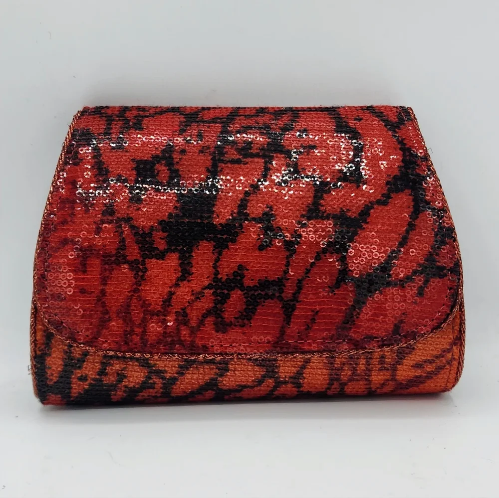 Vintage Red & Black Sequin Clutch In Abstract Pattern Convertible Chain Strap